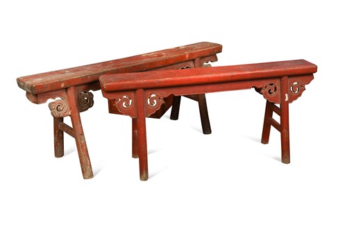 Lot 120 - A near pair of Chinese provincial red-painted slim benches