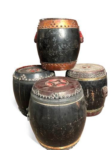 Lot 107 - A group of four Chinese black lacquered and staved wood lidded rice barrels, late Qing Dynasty