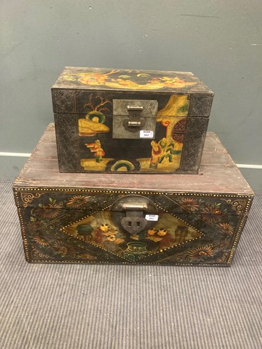 Lot 502 - A Chinese painted trunk decorated with...
