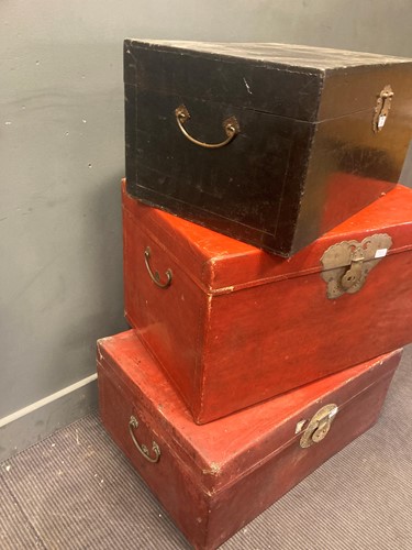 Lot 503 - Three Chinese painted trunks with brass...