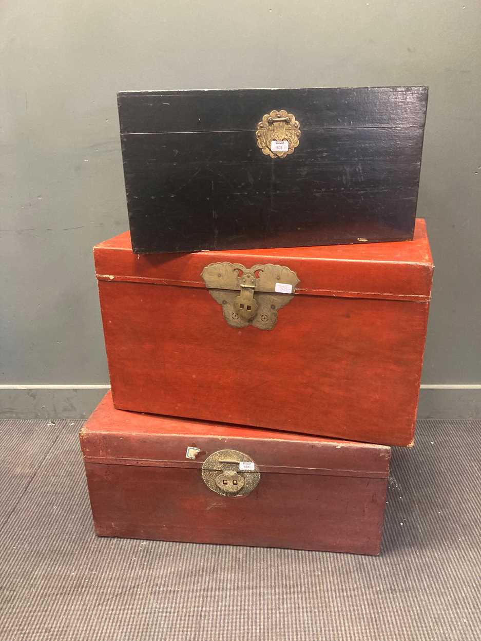 Lot 503 - Three Chinese painted trunks with brass...