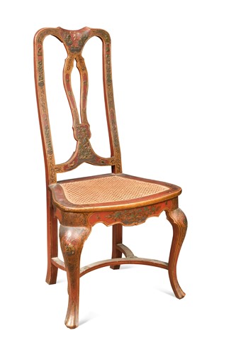 Lot 593 - A red lacquer side chair in the manner of Giles Grendey, 19th century