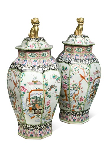 Lot 39 - A large pair of Chinese porcelain famille rose octagonal vases and covers, Yongzheng-style