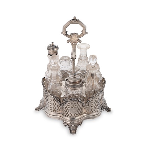 Lot 373 - A Victorian silver seven bottle cruet stand