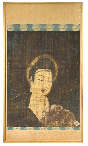 Lot 86 - A Chinese painted and gilded silk fragmentary panel, possibly 18th/19th century