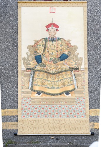 Lot 541 - A portrait of the Kangxi Emperor, enrobed and enthroned, printed and coloured image