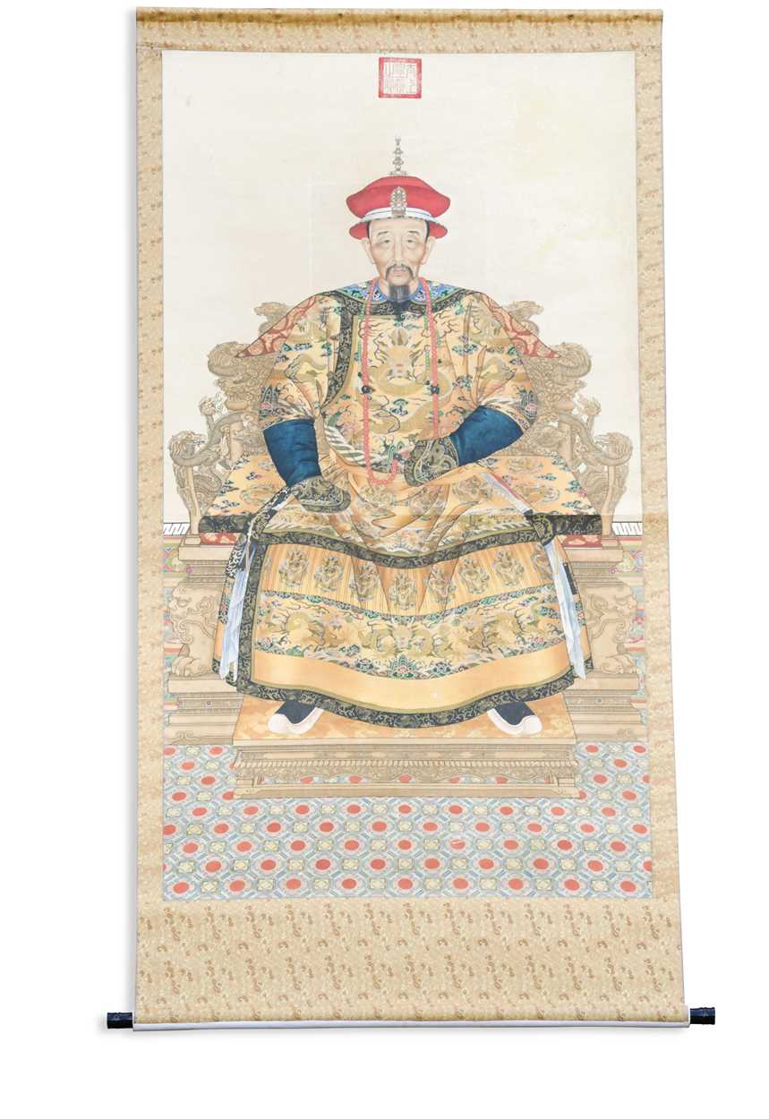 Lot 541 - A portrait of the Kangxi Emperor, enrobed and enthroned, printed and coloured image