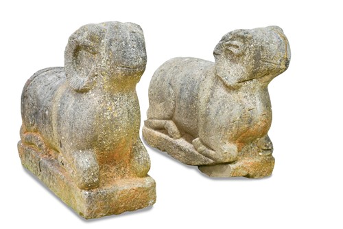 Lot 84 - A pair of Chinese life size carved stone spirit guardian rams, probably Ming Dynasty or earlier