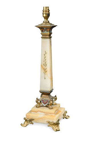Lot 680 - An Egyptian style alabaster, cloisonné and gilt metal lamp, early 20th century