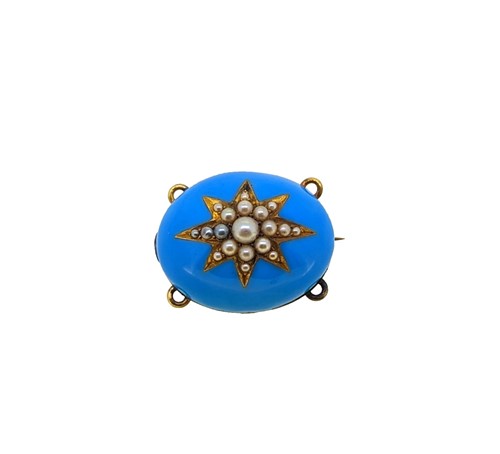 Lot 58 - A blue enamel and split pearl brooch