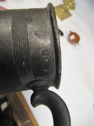 Lot 77 - A French metronome, pewter quart jug, brass...