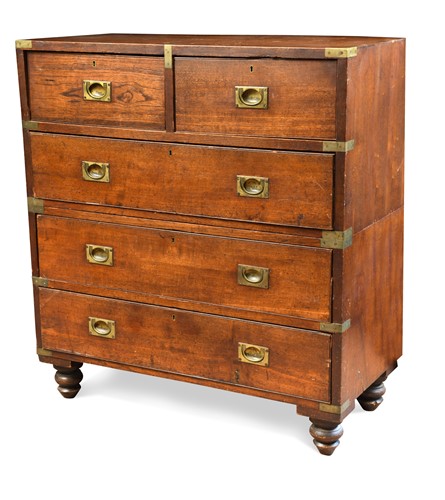 Lot 643 - A teak and brass bound campaign chest of drawers, 19th century