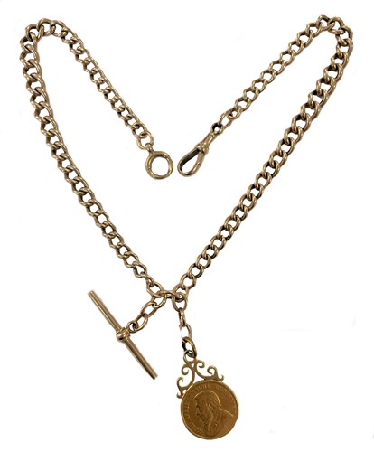 Lot 188 - An early 20th century 9ct rose gold watch chain with attachment