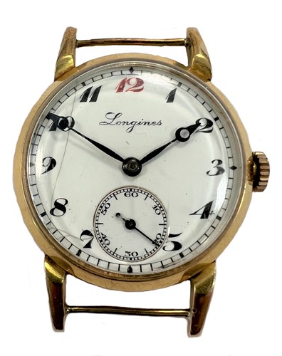 Lot 202 - Longines - A Swiss 18ct gold 'trench' style wristwatch head