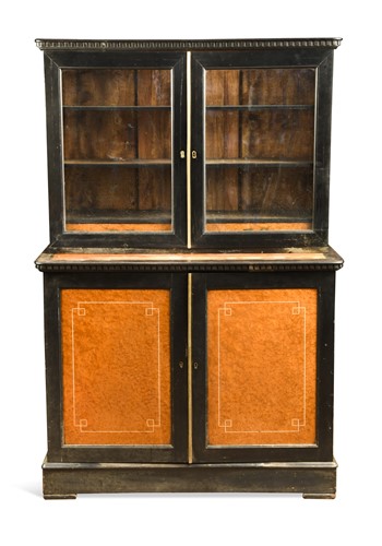 Lot 694 - An amboyna, ebony and camphor wood campaign bookcase, 19th century