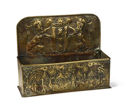 Lot 518 - A Dutch pressed brass candle box, 19th century