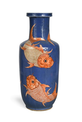 Lot 30 - A Chinese powder blue, rouge-de-fer rouleau fish vase, Qing Dynasty, 19th century