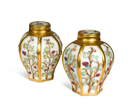 Lot 646 - A pair of Meissen hexagonal tea canisters and covers, circa 1730