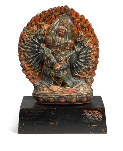 Lot 159 - A Tibetan terracotta figure of Yamantaka with Yakshi, 18th century