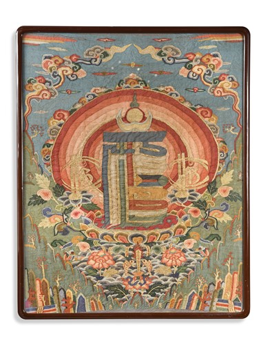 Lot 161 - A Tibetan silk kesi and gold thread enriched thangka, possibly 19th century or earlier