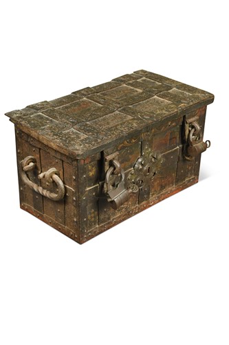 Lot 621 - A painted cast iron Armada chest, late 17th / early 18th century