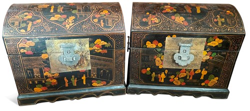 Lot 112 - A pair of Chinese black ground lacquered small domed chests, mid 20th century