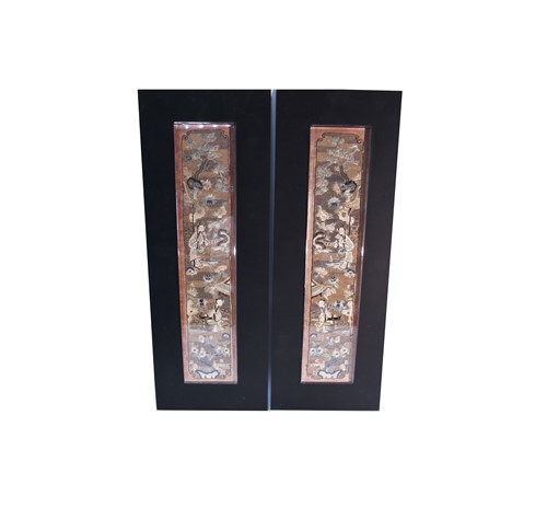 Lot 89 - A pair of Chinese silk and gilt thread enriched narrow panels, late Qing Dynasty