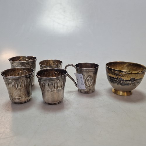 Lot 215 - Five French metalwares silver tot cups, one...