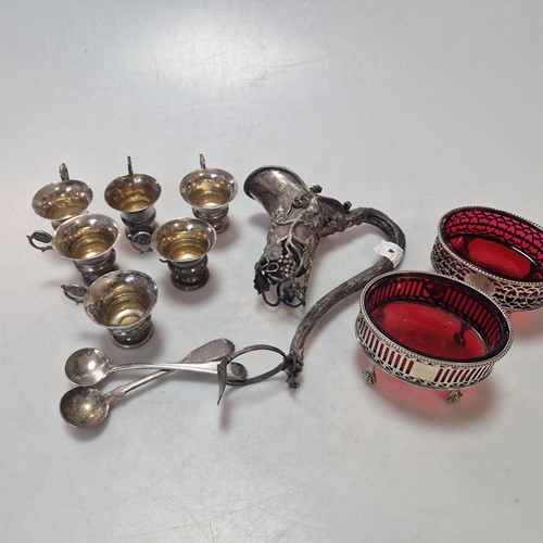 Lot 211 - Two George III silver open salts with red...