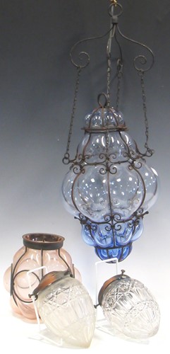 Lot 98 - A glass lobed and blue tinted glass lantern...