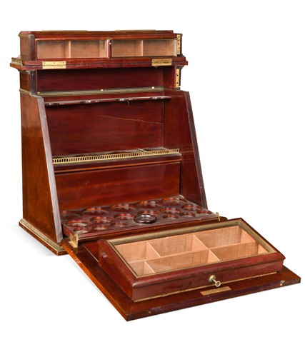 Lot 815 - A Victorian mahogany and brass mounted drinks and cigar compendium, by Albert Barker