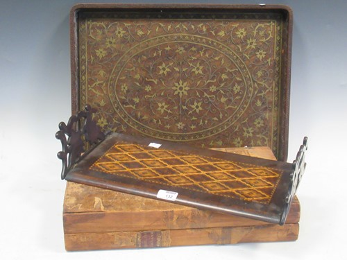 Lot 132 - An Indian brass inlaid tray, a folding chess...