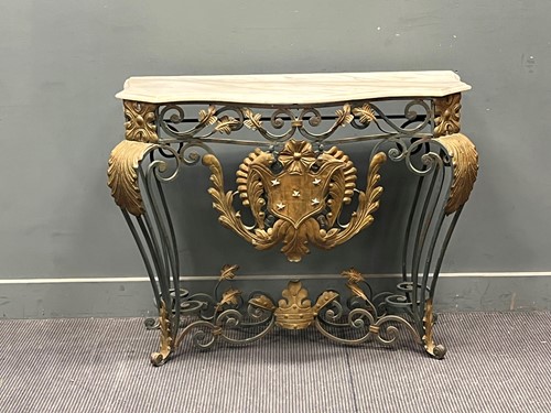 Lot 820 - A French metal and marble topped console table...
