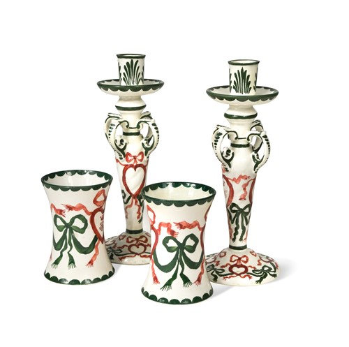 Lot 443 - A pair of Wemyss 'Queensberry House' candlesticks and a pair of beakers, circa 1895
