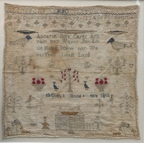 Lot 138 - An 1818 pictorial sampler, 38.5 x 38.5cm