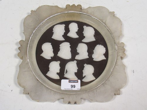 Lot 99 - An alabaster frame of 10 classic head profile...