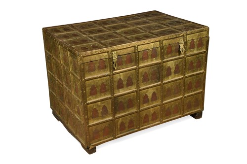 Lot 552 - An Eastern brass and copper clad dowry chest, 19th century