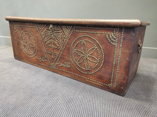 Lot 436 - A oak brassed studded travelling trunk with...