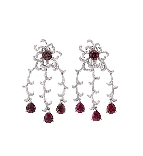 Lot 157 - A pair of modern tourmaline and diamond statement ear pendants
