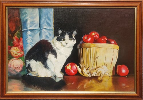 Lot 275 - Painting of a Cat next to a bowl of Fruit