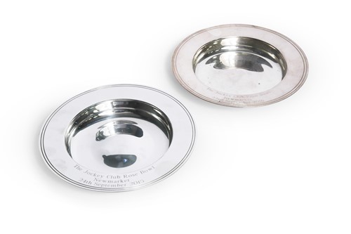 Lot 59 - A pair of The Jockey Club Rose Bowl Newmarket silver plated salvers, awarded to Frankie Dettori