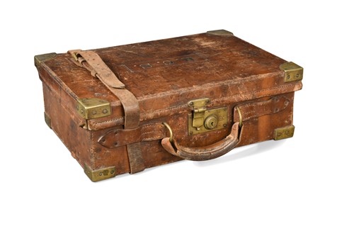 Lot 304 - A brass-bound leather cartridge magazine