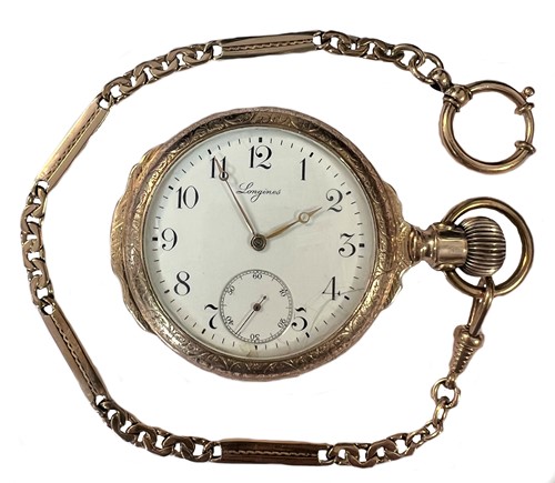 Lot 176 - Longines - An open faced side winding pocket watch and chain
