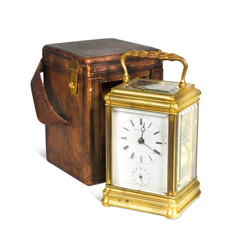 Lot 663 - A French brass repeating carriage clock with alarm, 19th century