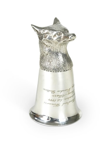 Lot 86 - A silver plated Two Hundred Winners fox head stirrup cup, awarded to Frankie Dettori