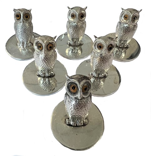Lot 307 - A visual set of six silver novelty menu holders, marks of Sampson Mordan & Company & Asprey
