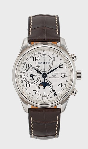 Lot 373 - Longines - A steel 'Master Collection' triple calendar with chronograph and moonphase wristwatch