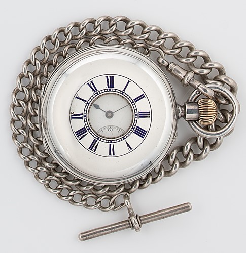 Lot 305 - Army & Navy Co-operative Society, London - A Victorian silver half hunter pocket watch with later watch chain