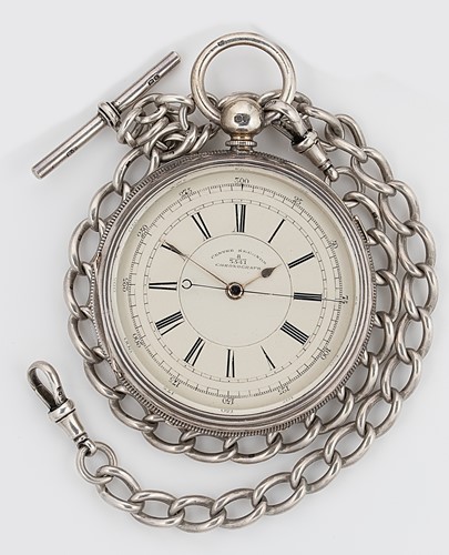 Lot 303 - Cohen & Company, Manchester - A silver open faced chronograph pocket watch with later watch chain