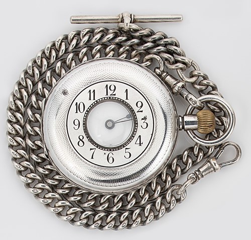 Lot 301 - Unsigned - A silver half hunter pocket watch with later watch chain